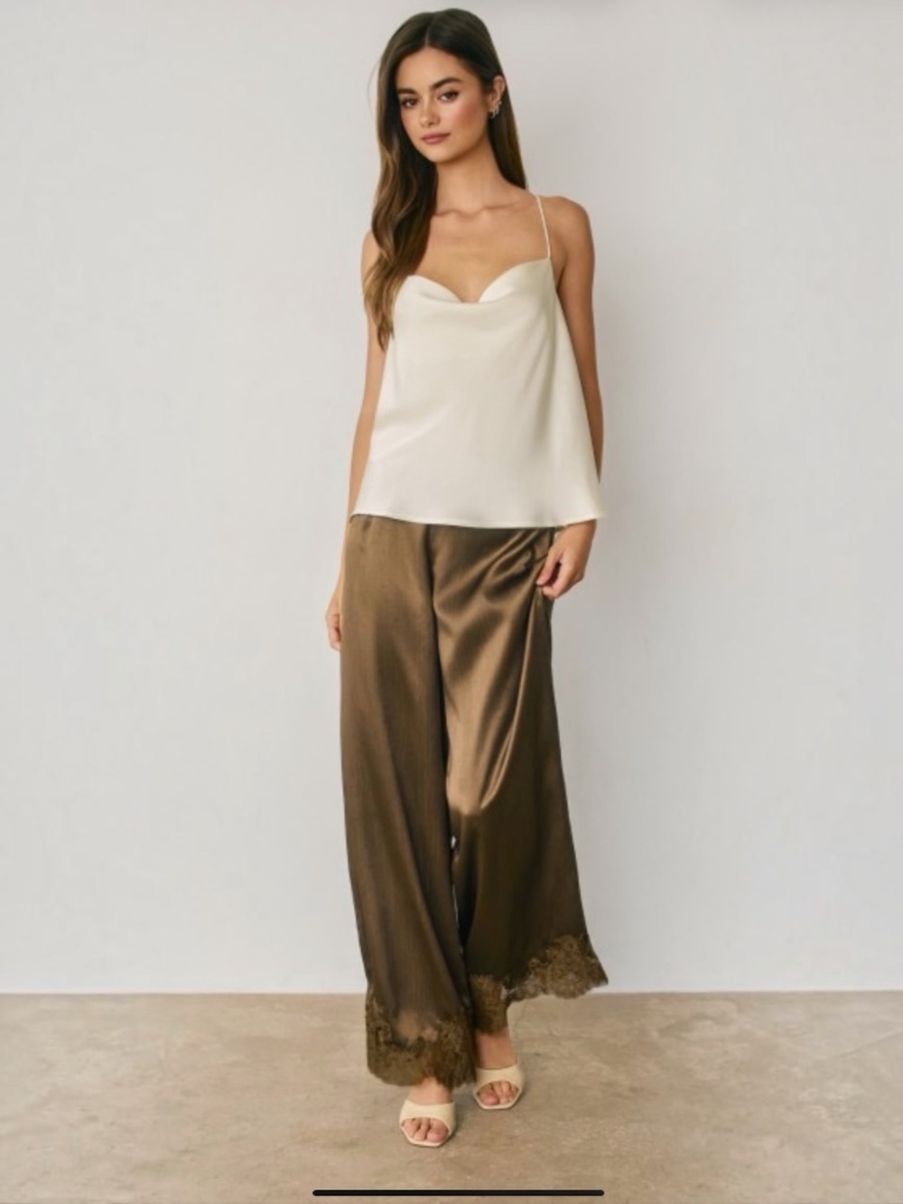 Dress Forum Satin Wide Leg Pants with Lace Hem in Deep Taupe Sm Med Lg